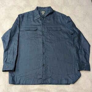 Woodward Marshall Fields 100% Linen Shirt Loop Collar Navy Blue Pockets Mens XL